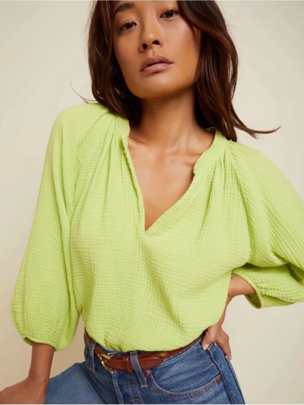 NATION LTD Neon Chartreuse Cotton Gauze V-Neck Top size medium boho resortwear